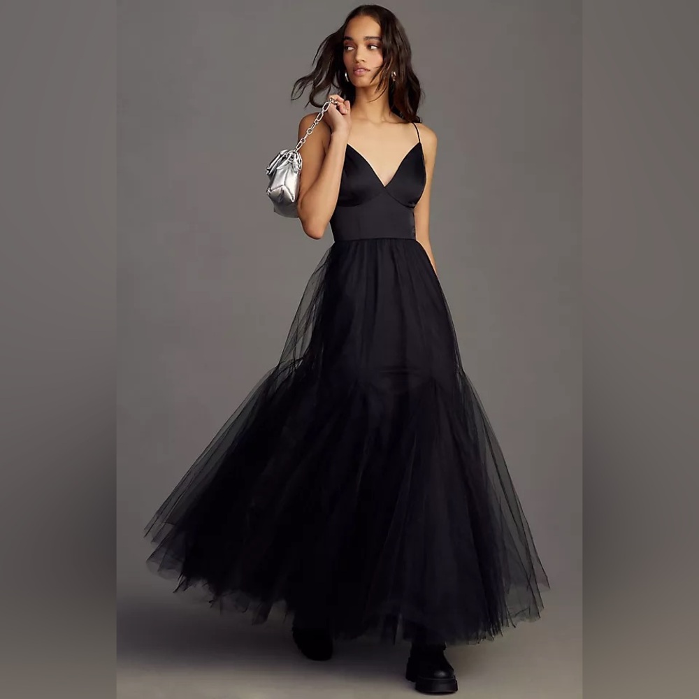 NWT Hutch Anthropologie Lucia V-Neck Tulle Maxi Black Dress Size 6 - Picture 14 of 15